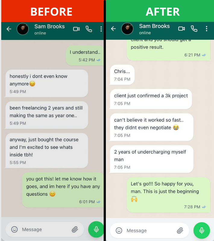 Real WhatsApp conversation showing a freelancer's transformation — from struggling to closing a $3k project